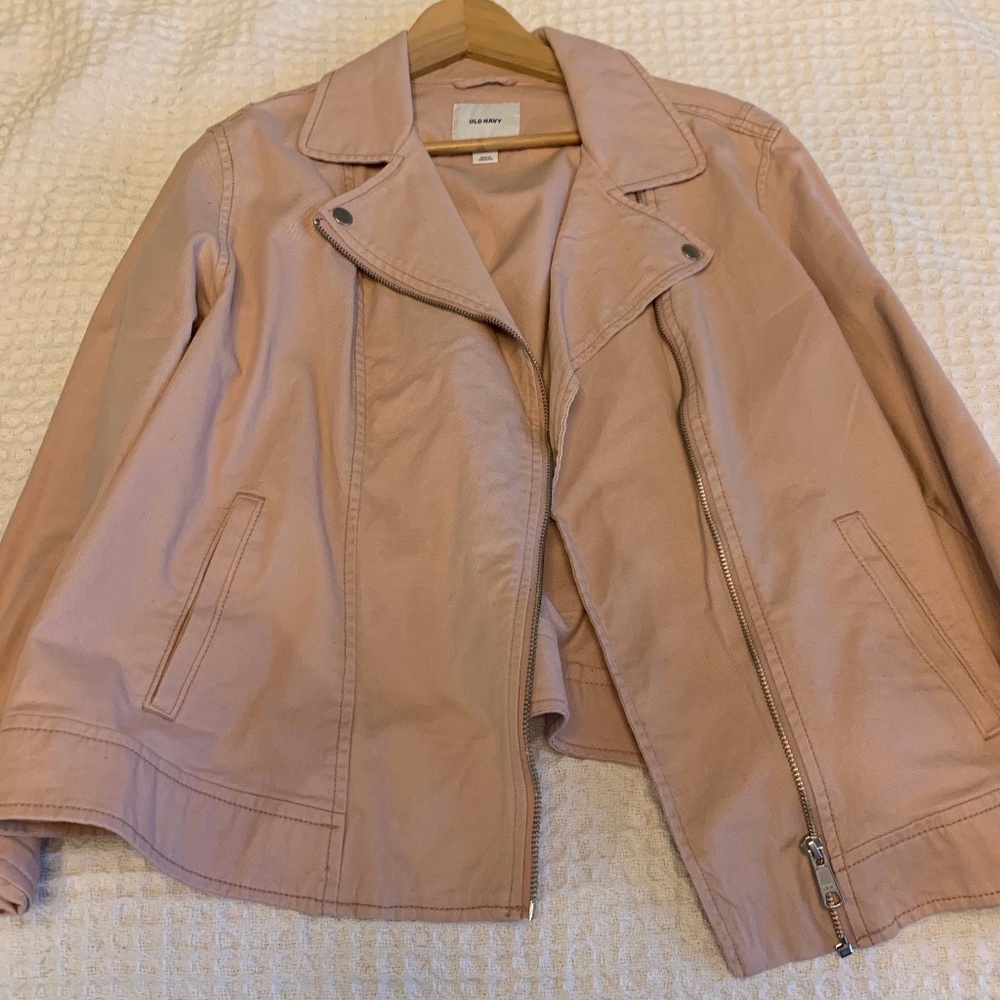Blush pink twill motorcycle jacket, size XL